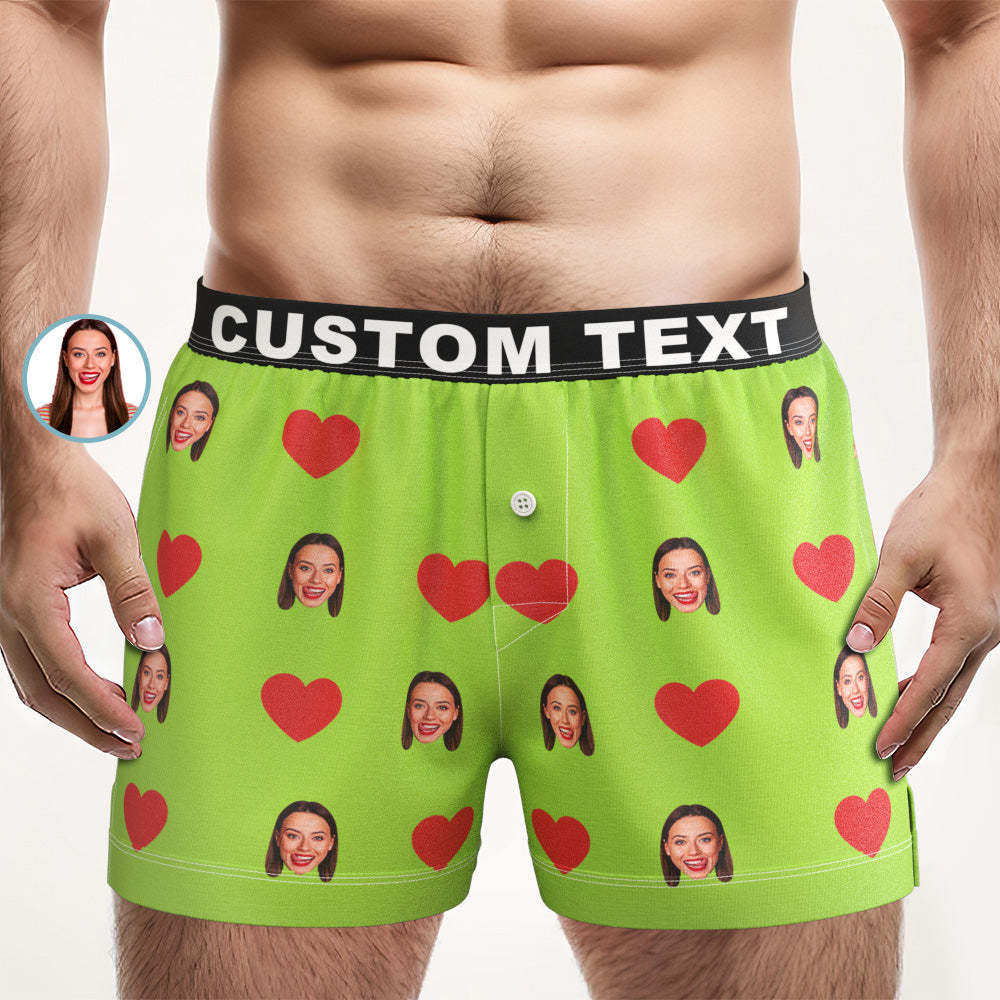 Custom Face Red Heart Design Boxer Shorts with Personalized Text on the Waistband Personalized Underwear for Him - MyFaceSocksUK