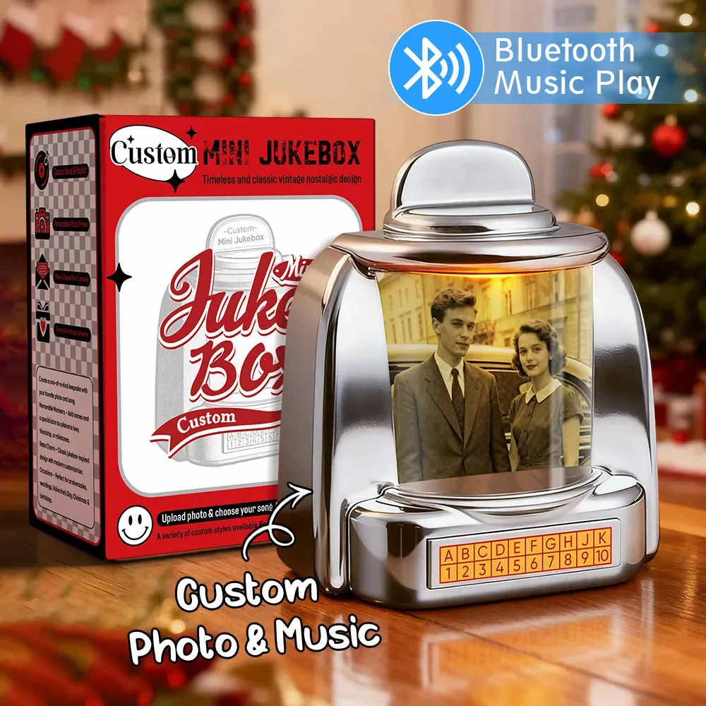 Custom Mini Jukebox Retro Speaker – Personalized Photo & 2 Songs Mini Player with Radio | Vintage Tabletop Home Decor Nostalgic Gift - MyFaceSocksUK