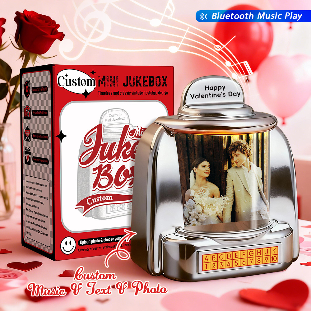 Custom Christmas Mini Jukebox Retro Speaker – Personalized Photo,Names & Date Music Mini Player with Radio | Vintage Tabletop Home Decor Nostalgic Christmas Retro Gifts