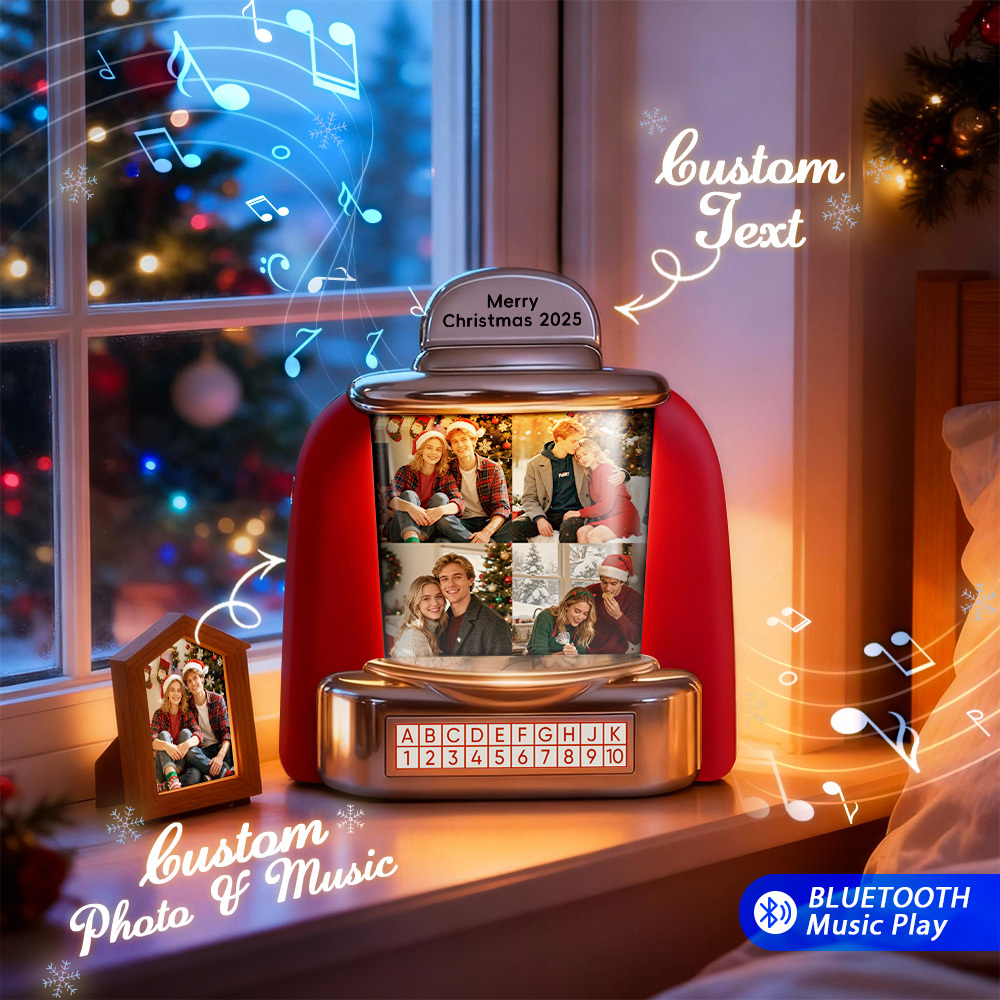 Custom Christmas Mini Jukebox Retro Speaker – Personalized Photo,Names & Date Music Mini Player with Radio | Vintage Tabletop Home Decor Nostalgic Christmas Retro Gifts - MyFaceSocksUK