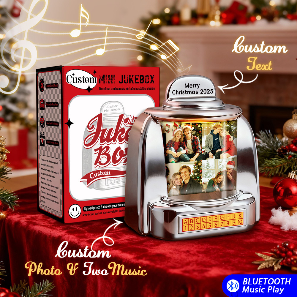 Custom Christmas Mini Jukebox Retro Speaker – Personalized Photo,Names & Date Music Mini Player with Radio | Vintage Tabletop Home Decor Nostalgic Christmas Retro Gifts - MyFaceSocksUK