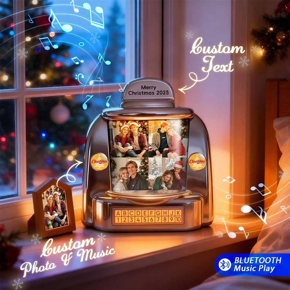 Custom Christmas Mini Jukebox Retro Speaker – Personalized Photo,Names & Date Music Mini Player with Radio | Vintage Tabletop Home Decor Nostalgic Christmas Retro Gifts - MyFaceSocksUK