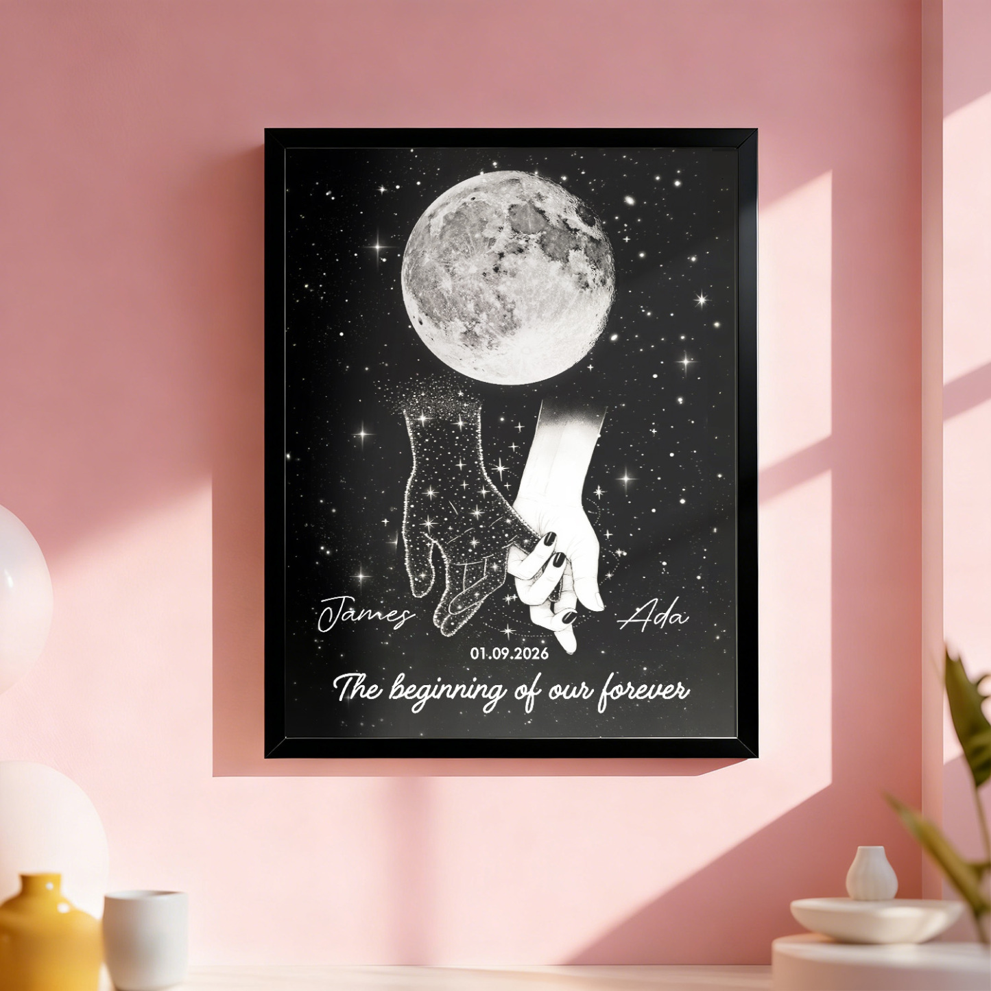 Galaxy Night Couple Holding Hands Custom Moon Phase Anniversary Date - Personalized Poster - Heartfelt Anniversary Gift, Valentine Gift, Wedding Gift For Couple - MyFaceSocksUK