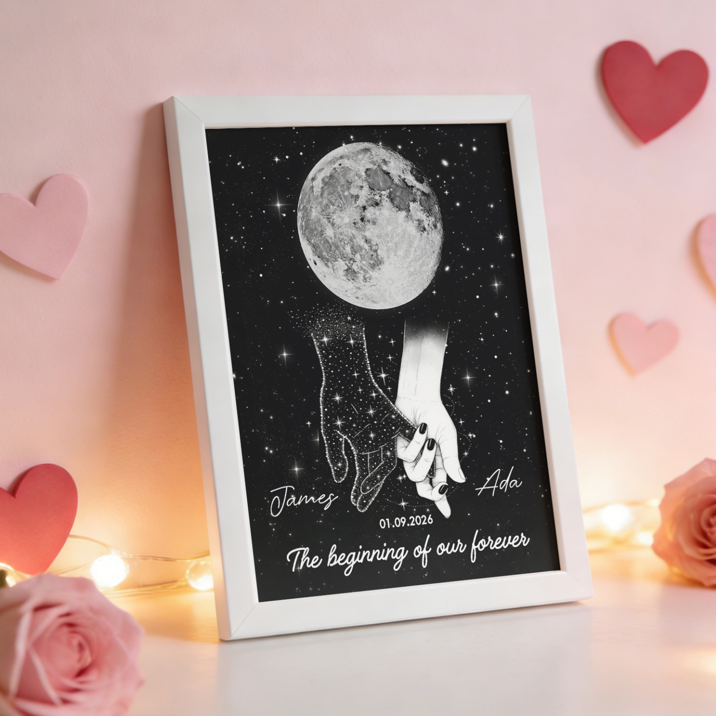 Galaxy Night Couple Holding Hands Custom Moon Phase Anniversary Date - Personalized Poster - Heartfelt Anniversary Gift, Valentine Gift, Wedding Gift For Couple - MyFaceSocksUK