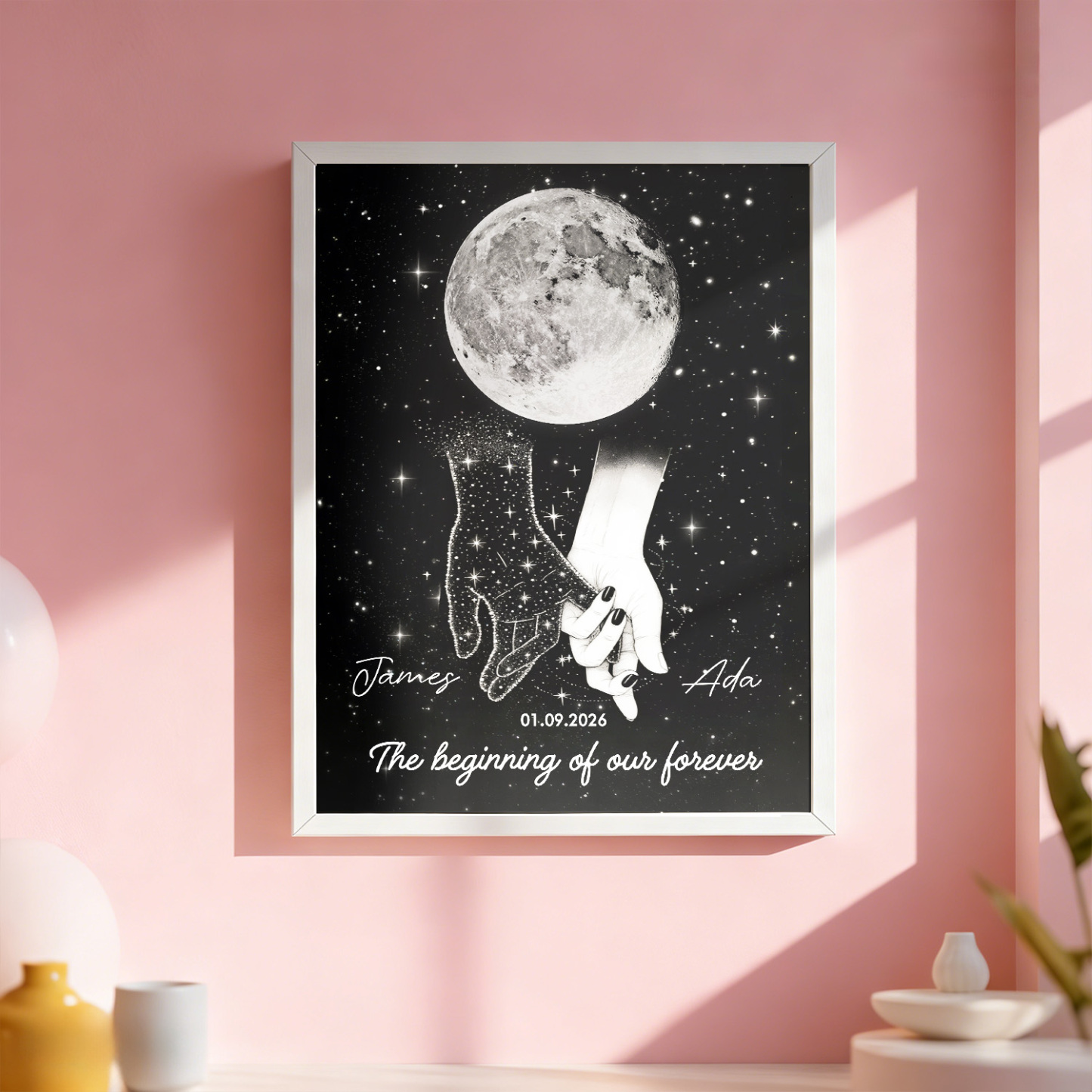 Galaxy Night Couple Holding Hands Custom Moon Phase Anniversary Date - Personalized Poster - Heartfelt Anniversary Gift, Valentine Gift, Wedding Gift For Couple - MyFaceSocksUK