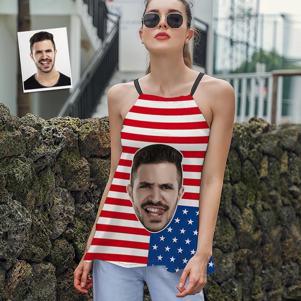 Custom Face Women's Strappy Camisoles Summer Sexy Loose Cute Tanks Tops - USA Flag - MyFaceSocksUK