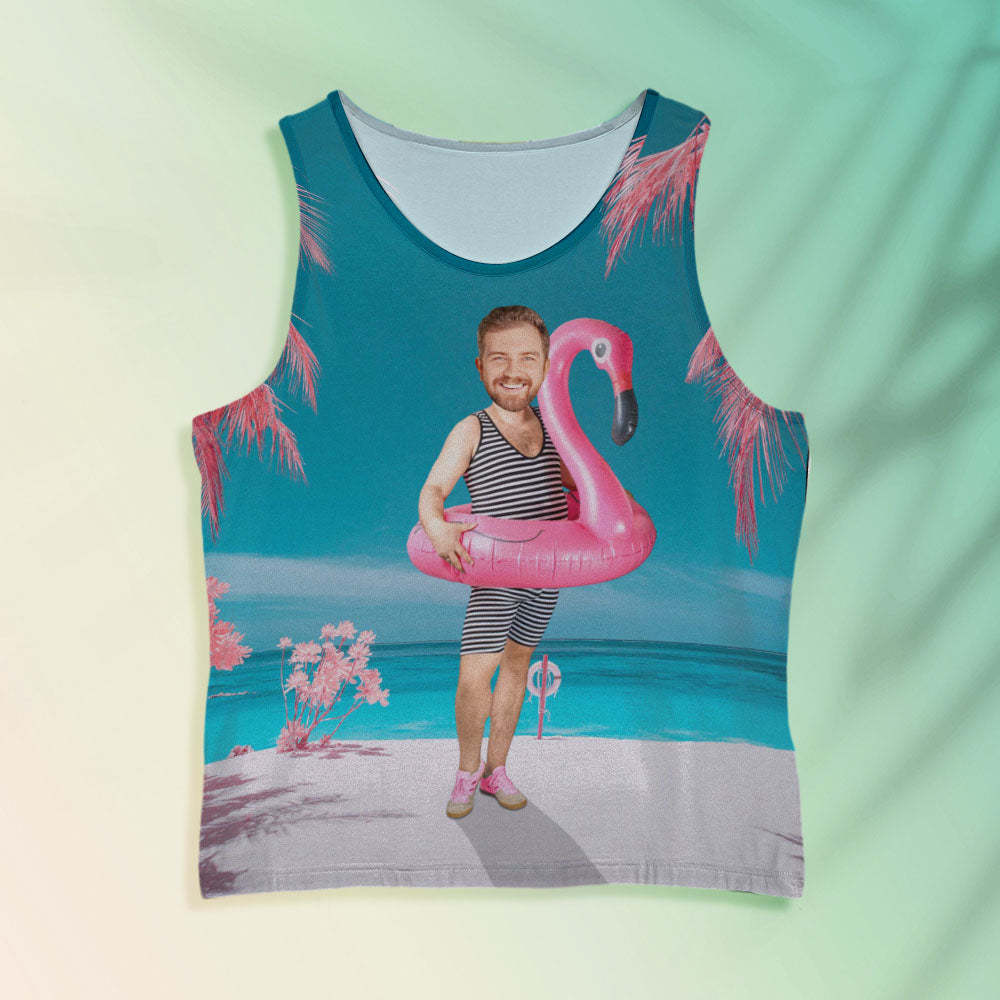 Custom Funny Face Flamingo Tank Tops Flamingo Swim Ring Tank Tops For Men - MyFaceSocksUK