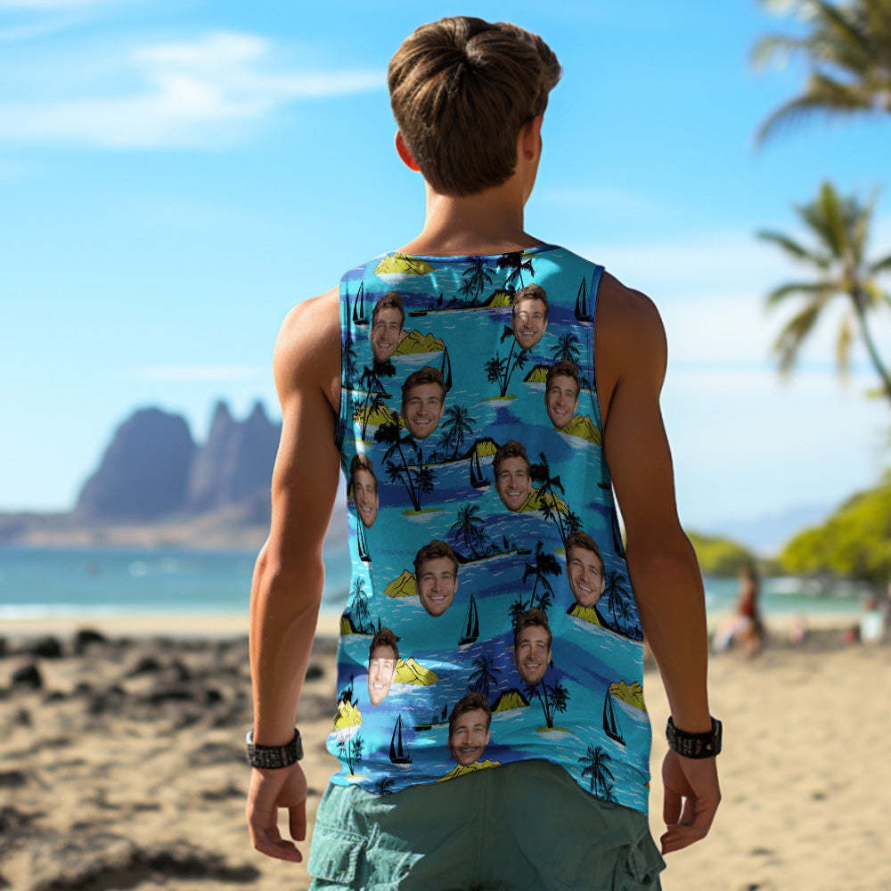 Custom Thick Face Tank Tops Men's Sleeveless Shirt Large Leaves - MyFaceSocksUK