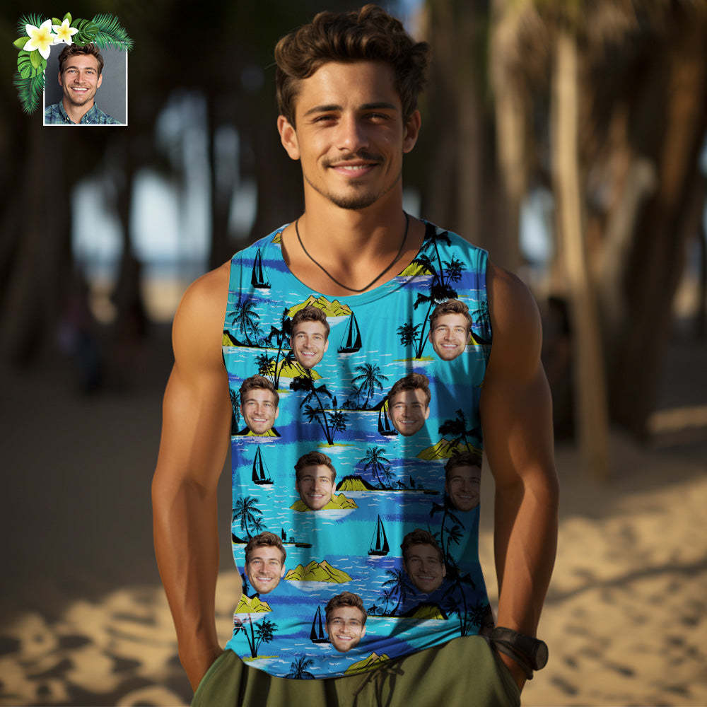 Custom Thick Face Tank Tops Men's Sleeveless Shirt Large Leaves - MyFaceSocksUK