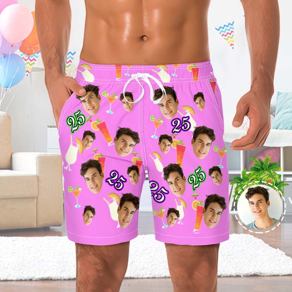 Custom Pink Face And Age Beach Shorts Desserts and Drinks Beach Trunks - MyFaceSocksUK