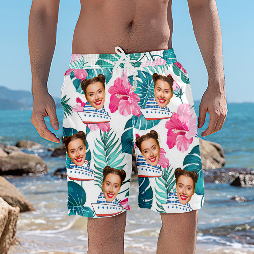 Custom Photo Cruise Ship Beach Shorts Gift For Traveling Lovers Personalized Flowers Face Beach Shorts
