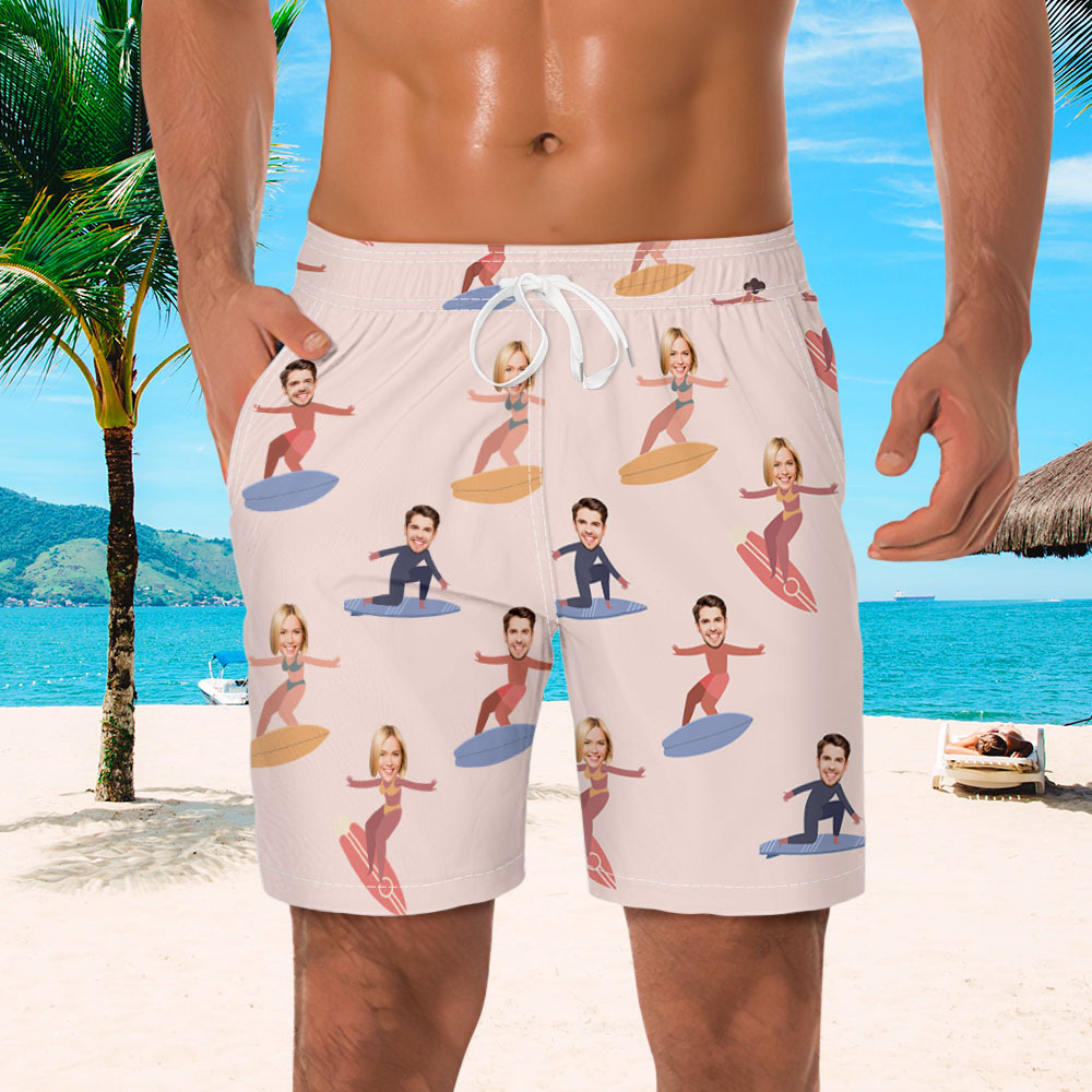 Personalized Face Mens Swim Trunks Custom Tropical Swim Shorts Bathing Suit - MyFaceSocksUK