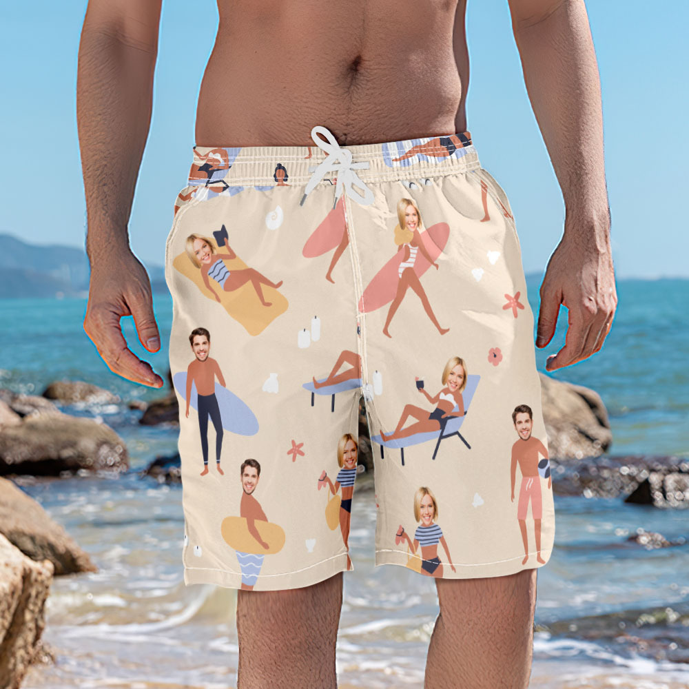 Personalized Face Mens Swim Trunks Custom Tropical Swim Shorts Bathing Suit - MyFaceSocksUK