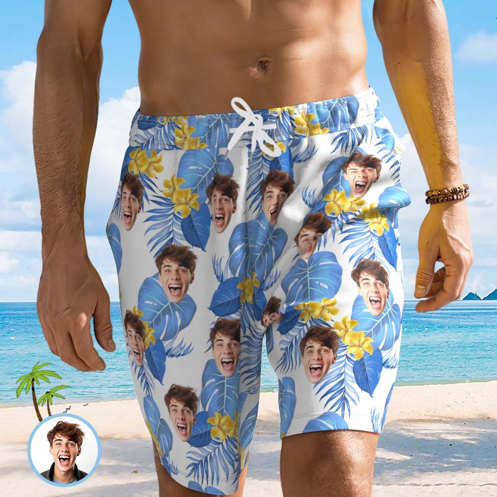 Personalized Face Mens Swim Trunks Custom Tropical Swim Shorts for Dad/Boyfriend - MyFaceSocksUK