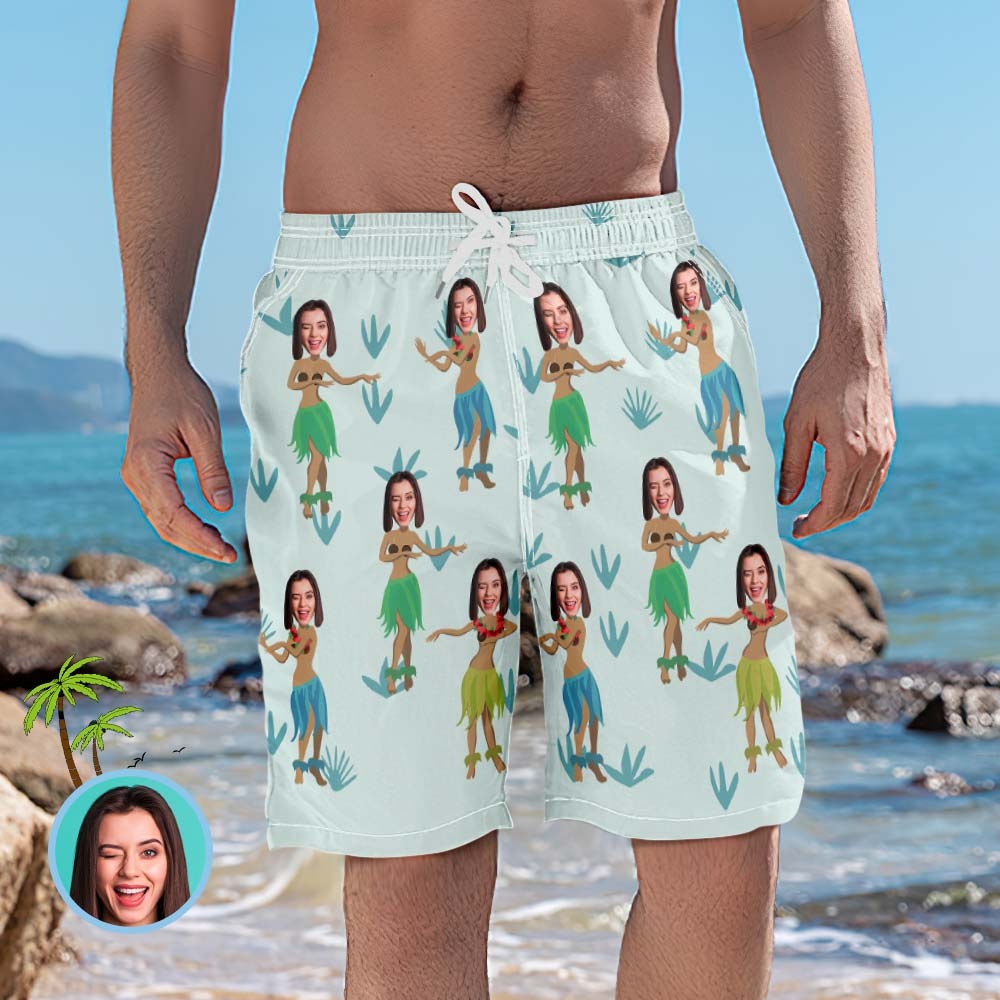 Personalised Beach Shorts for Men Hula Style Custom Face Swim Trunks - MyFaceSocksUK