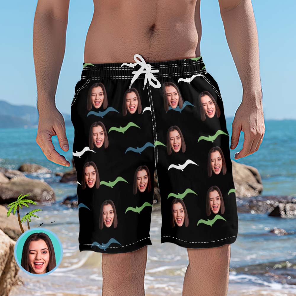 Custom Face Swim Trunks Personalised Black Beach Shorts with Seagull Funny Men's Casual Shorts - MyFaceSocksUK