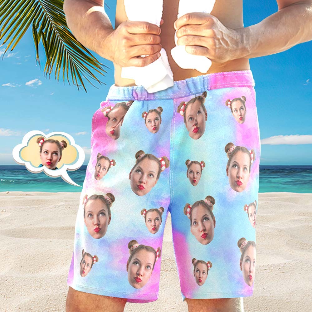 Custom Face Photo Men's Swim Trunk Water Shorts Summer Tie Dye Light Pink - MyFaceSocksUK