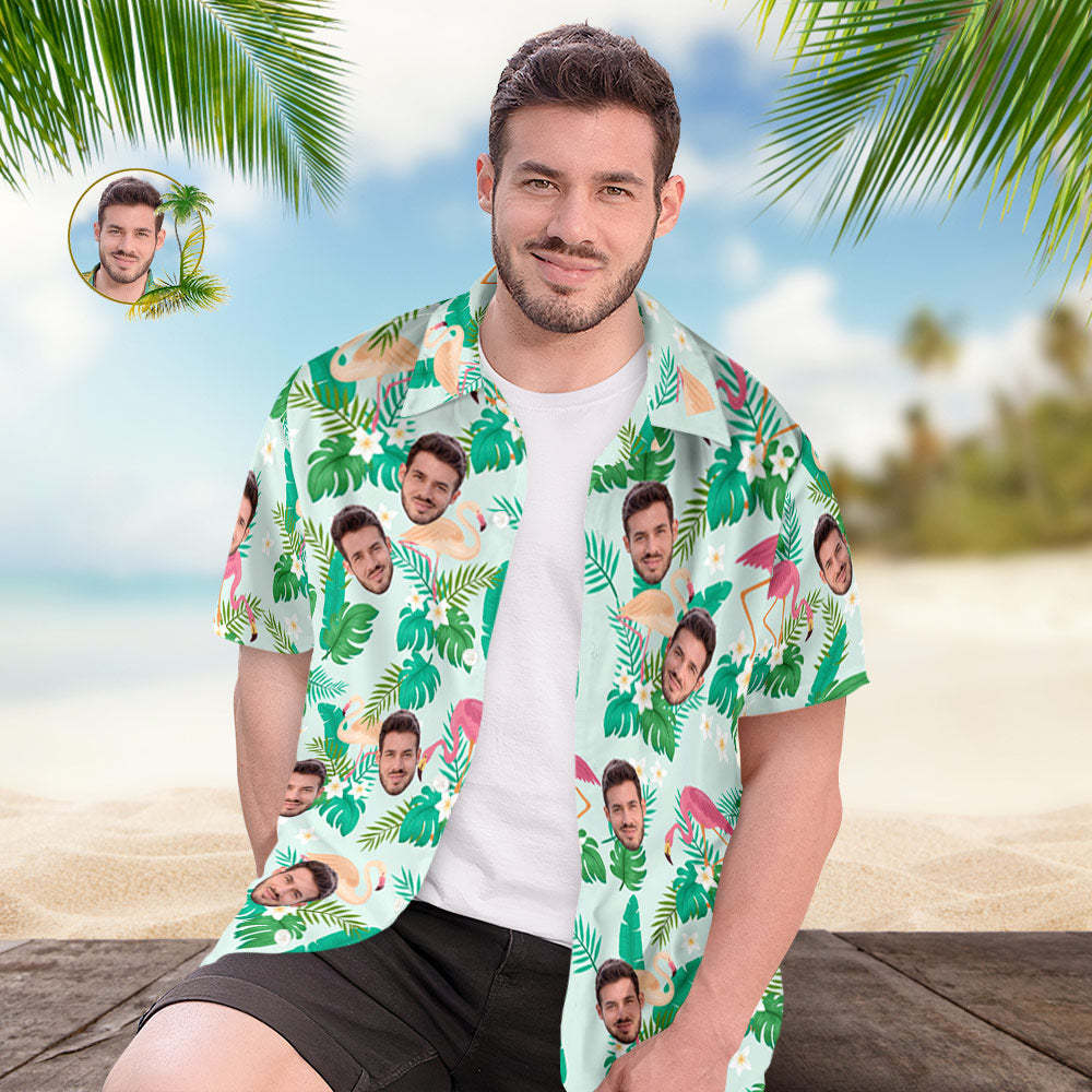 Custom Men's Shirt Face All Over Print  Hawaiian Shirt Green Leaves and Flamingo - MyFaceSocksUK
