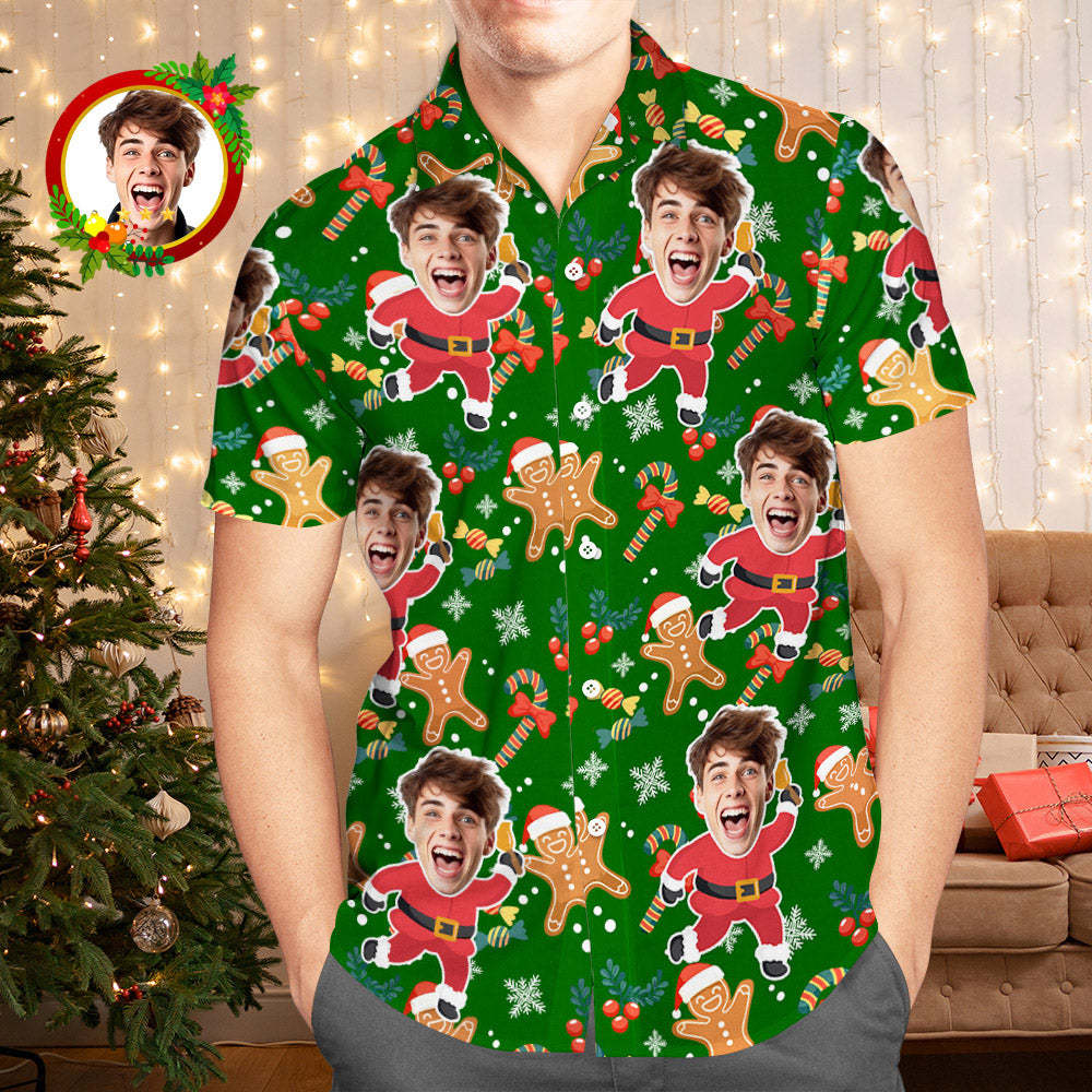 Custom Face Hawaiian Shirt Santa Gingerbread Man Men's Christmas Shirts - MyFaceSocksUK