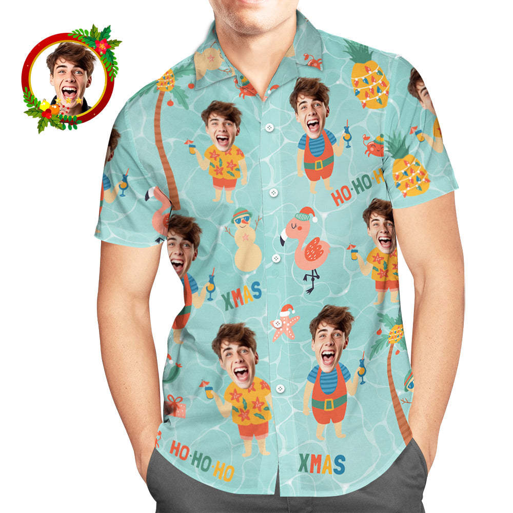 Custom Face Hawaiian Shirt Pineapple With Santa Claus Men's Christmas Shirts - MyFaceSocksUK