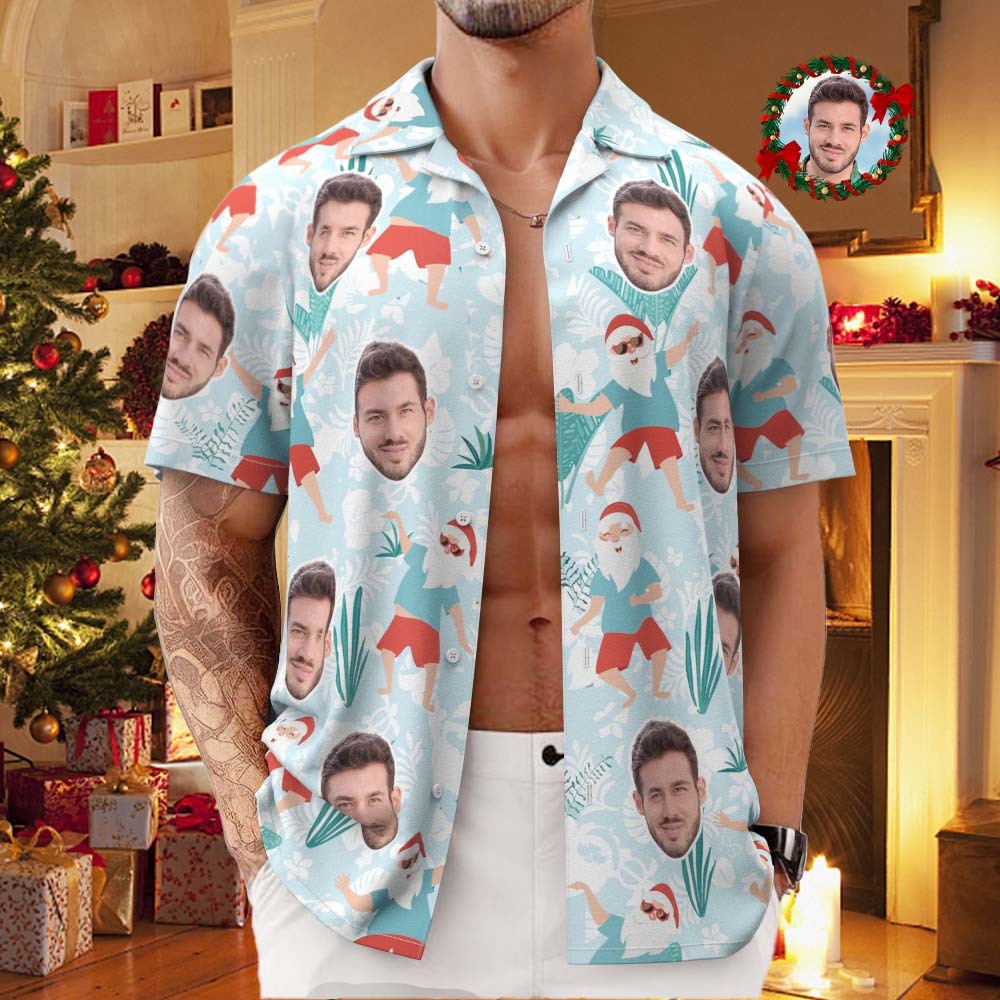 Custom Face All Over Print Men's Hawaiian Shirt Cheerful Dancing Santa Christmas Hawaiian Shirt - MyFaceSocksUK