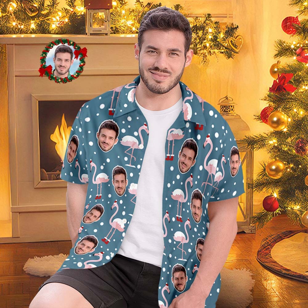 Custom Face All Over Print Men's Hawaiian Shirt Flamingo In Santa Hat Christmas Shirt - MyFaceSocksUK