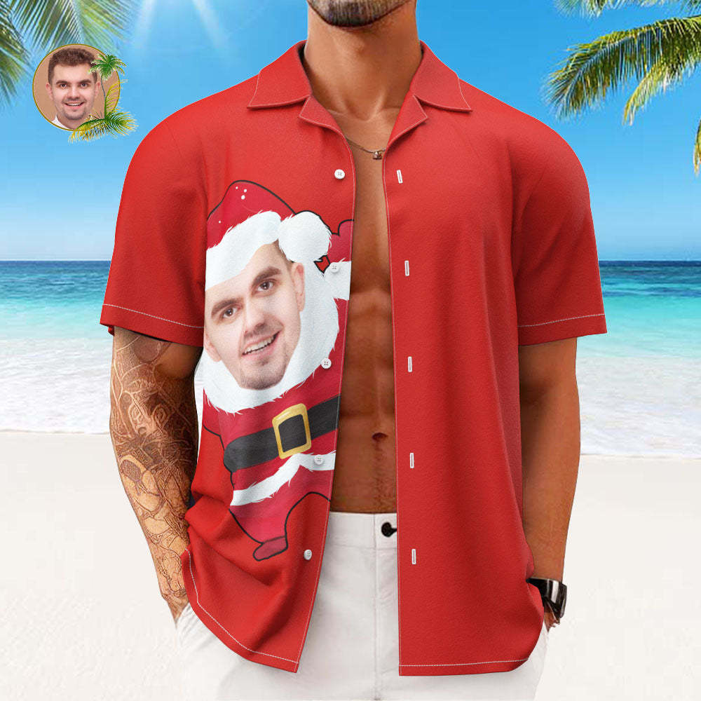Custom Face Hawaiian Shirts Personalized Photo Gift Men's Christmas Shirts Santa Claus Red Shirt - MyFaceSocksUK