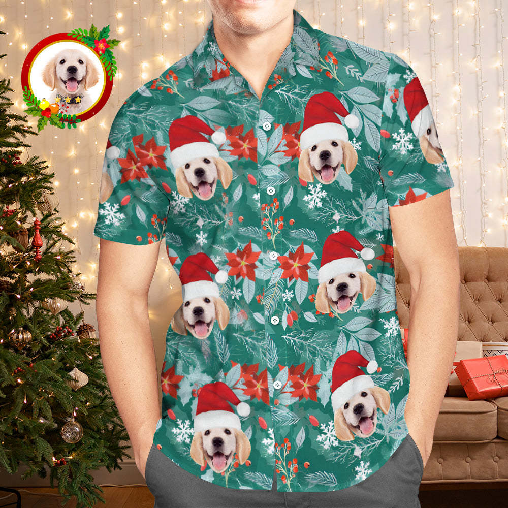 Custom Face Hawaiian Shirts Personalized Photo Gift Men's Christmas Shirts Hawaiian Leaves Green - MyFaceSocksUK