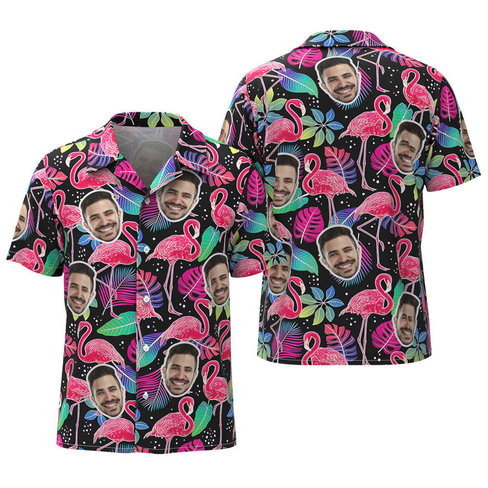 Custom Face Hawaiian Shirt All Over Print Personalized Black Shirt - Flamingo - MyFaceSocksUK