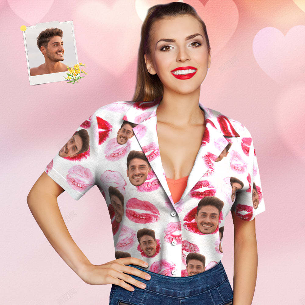 Custom Face Hawaiian Shirt for Women Personalized Women's Photo Hawaiian Shirt Gift for Her - Red lips - MyFaceSocksUK