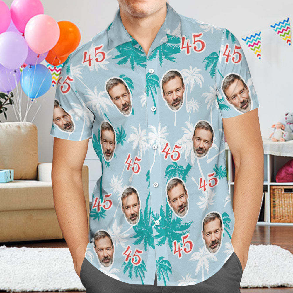 Custom Face And Number Father's Day Birthday Present Hawaiian Shirts Red And White Coconut Tree Shirts for Dad - MyFaceSocksUK