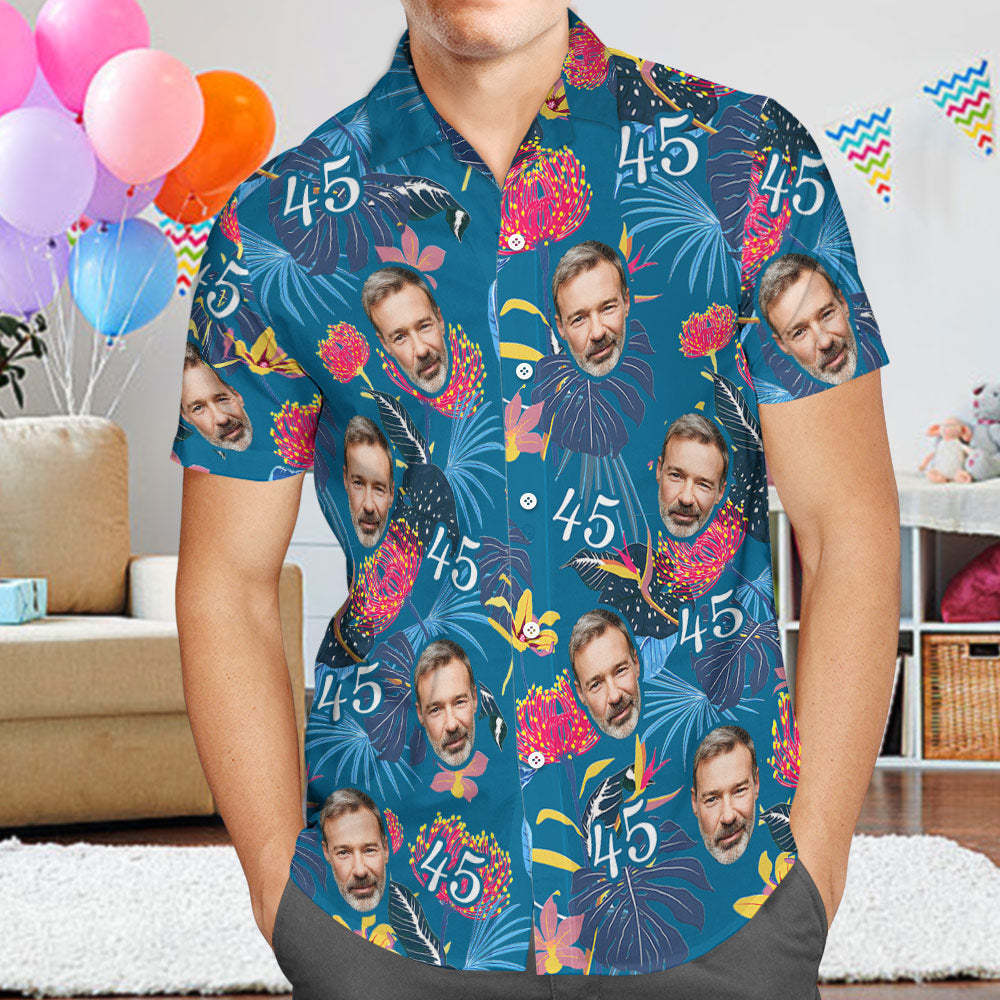 Custom Face Hawaiian Shirt Father's Day Birthday Present Number and Face Hawaiian Shirt for Dad - MyFaceSocksUK