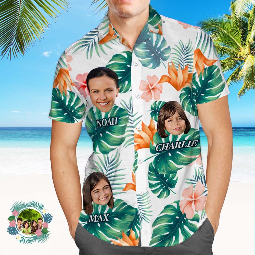 Custom Multi Photo Face And Text Hawaiian Shirt With Palm Leaves And Colorful Flowers - MyFaceSocksUK