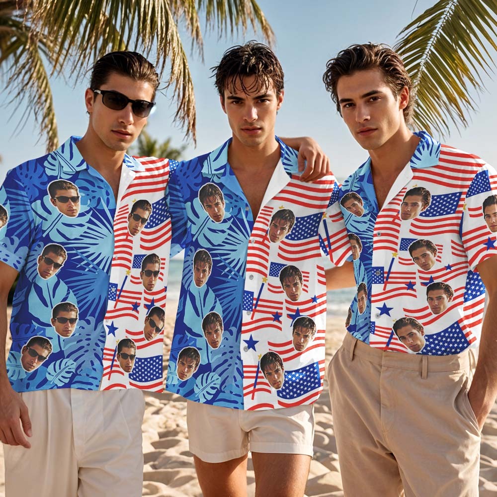 Custom Hawaiian Shirt Blue Leaves Stars Flag Personalized Photo Hawaiian Shirt Funny Vacation Party Shirts - MyFaceSocksUK
