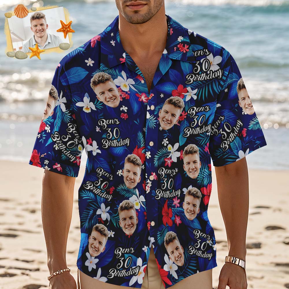 Custom Photo Hawaiian Shirt Birthday Hat Dark Blue Tropical Flowers Hawaiian Shirt Face And Name Gift