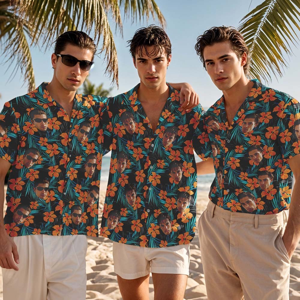 Custom Face Hawaiian Shirt Orange Flower Hawaiian Personalized Blue Leaves Hawaiian Shirt - MyFaceSocksUK