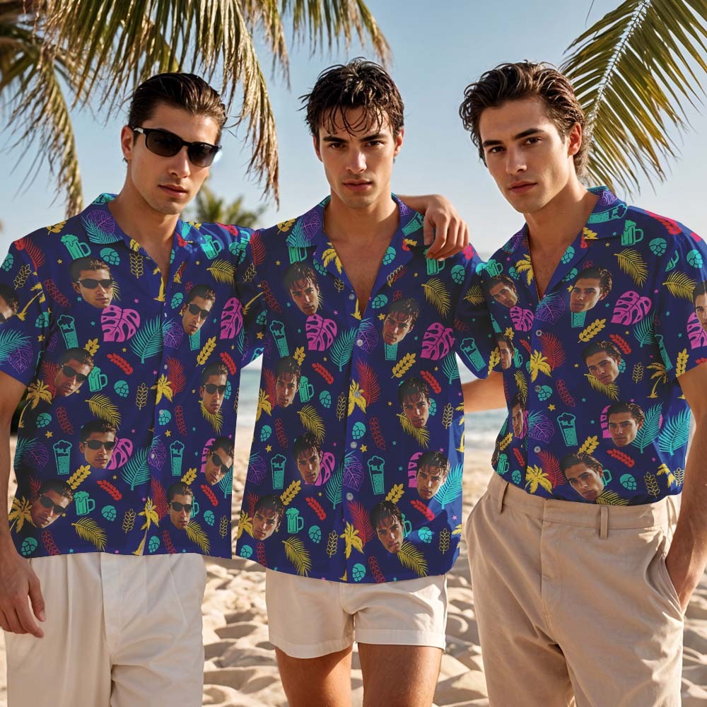 Custom Men Dark Blue Leaves Hawaiian Shirts Face Shirt Beer Pattern Hawaiian Shirt Gift for Summer Vibe Holiday