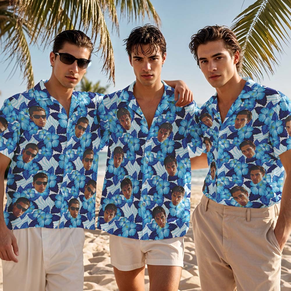 Custom Men Dark Blue Leaves Hawaiian Shirts Face Shirt Beer Pattern Hawaiian Shirt Gift for Summer Vibe Holiday