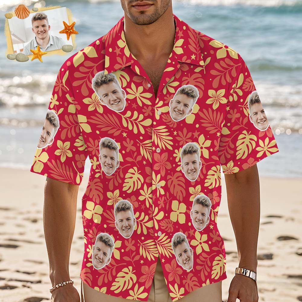 Custom Face Hawaiian Shirt Personalized Red Flower Hawaiian Shirt Tropical Holiday Gifts - MyFaceSocksUK