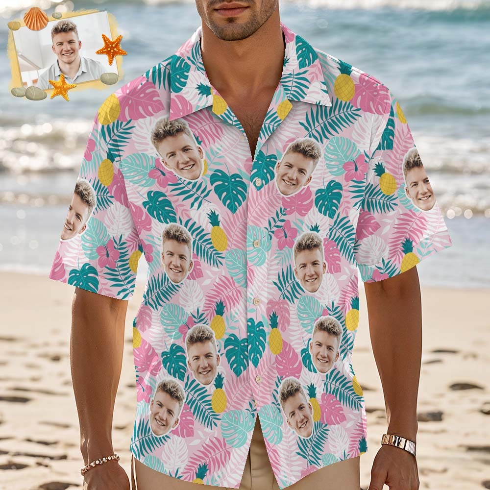 Custom Face Hawaiian Shirt Personalized Pink Flower Hawaiian Shirt Tropical Holiday Gifts - MyFaceSocksUK
