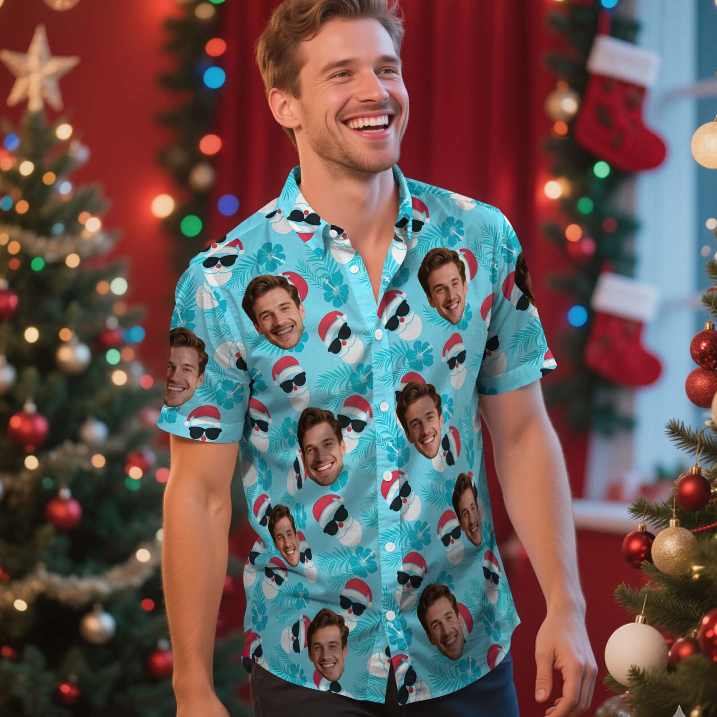 Custom Face Christmas Shirt Green Santa Claus Christmas Hawaiian Shirt Xmas Gift for Family Friends Personalized Face Hawaiian Shirt Gift - MyFaceSocksUK