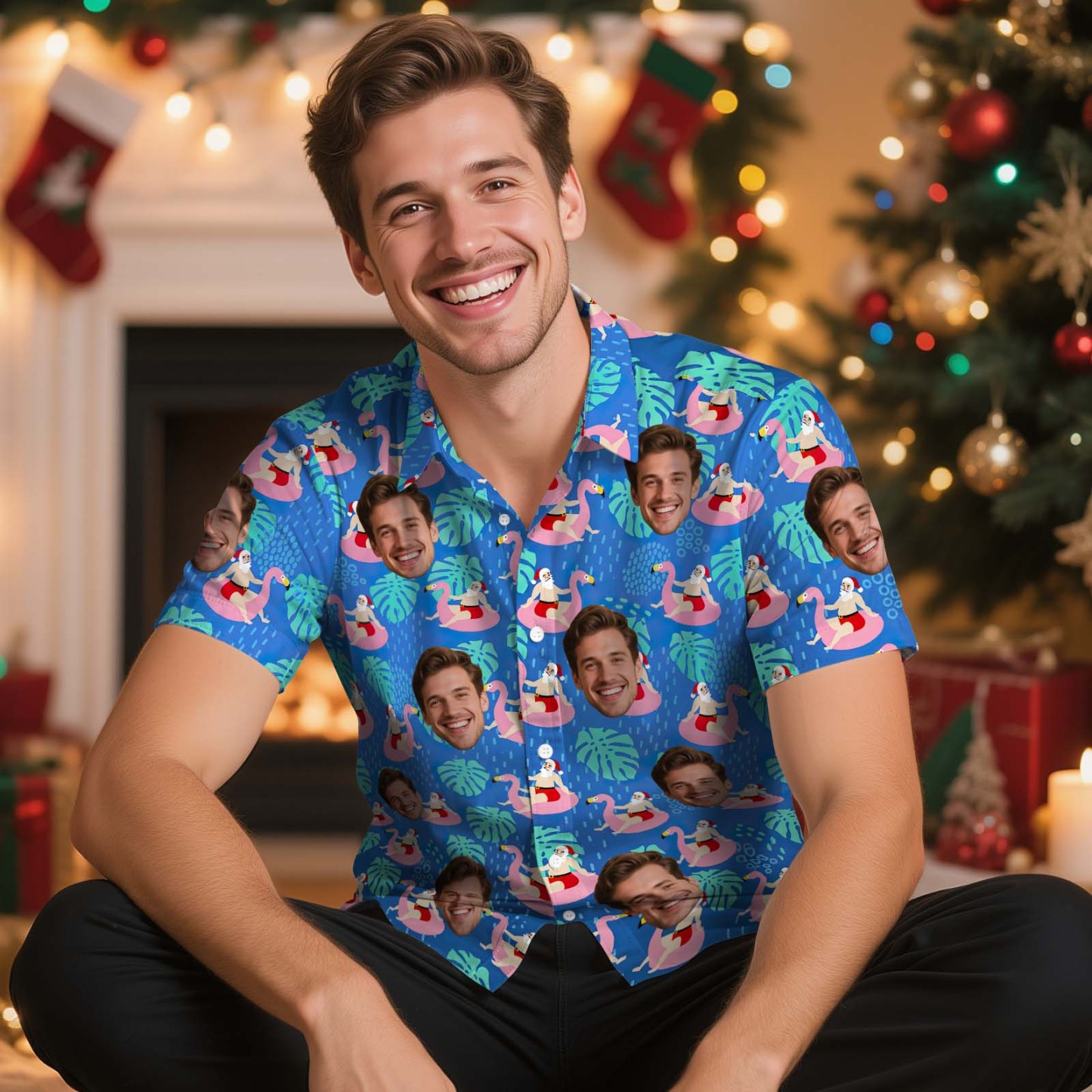 Custom Face Christmas Shirt Green Santa Claus Christmas Hawaiian Shirt Xmas Gift for Family Friends Personalized Face Hawaiian Shirt Gift - MyFaceSocksUK
