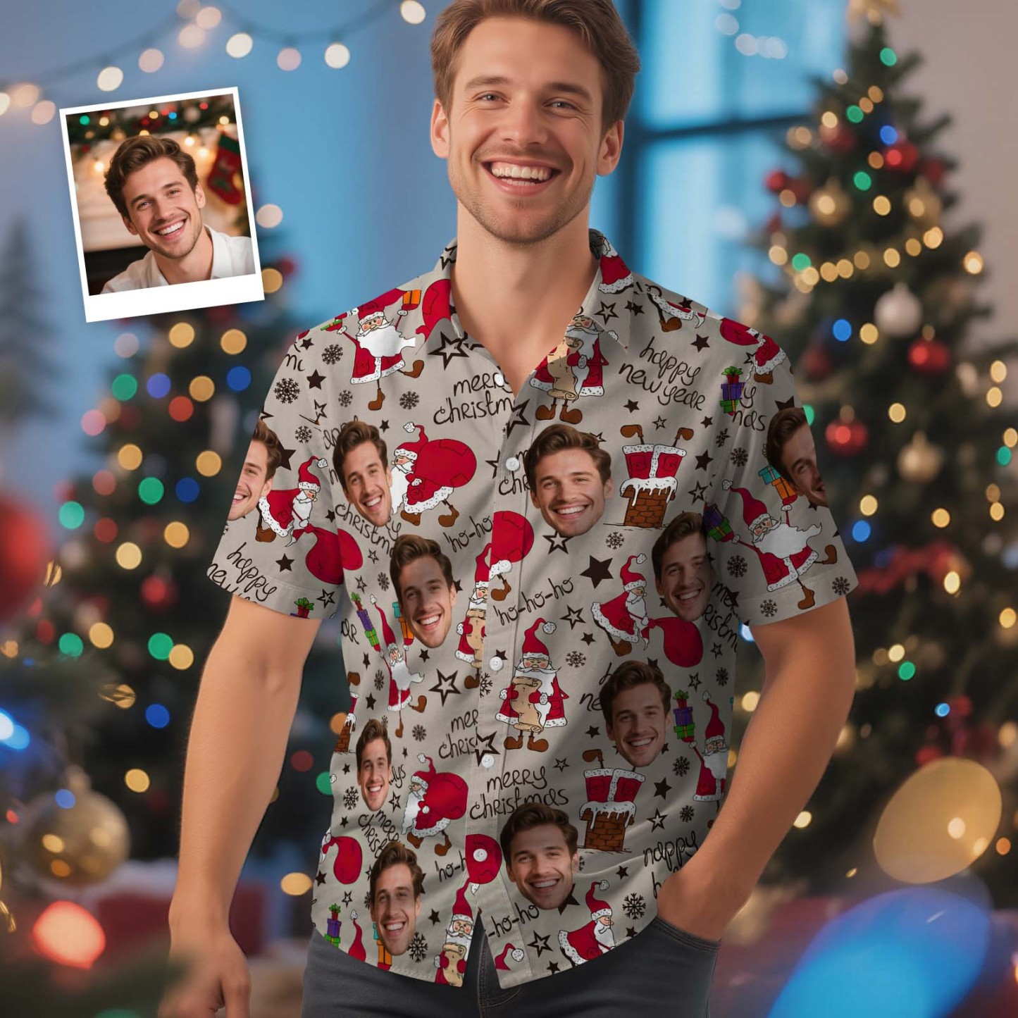 Custom Face Christmas Shirt Green Santa Claus Christmas Hawaiian Shirt Xmas Gift for Family Friends Personalized Face Hawaiian Shirt Gift - MyFaceSocksUK
