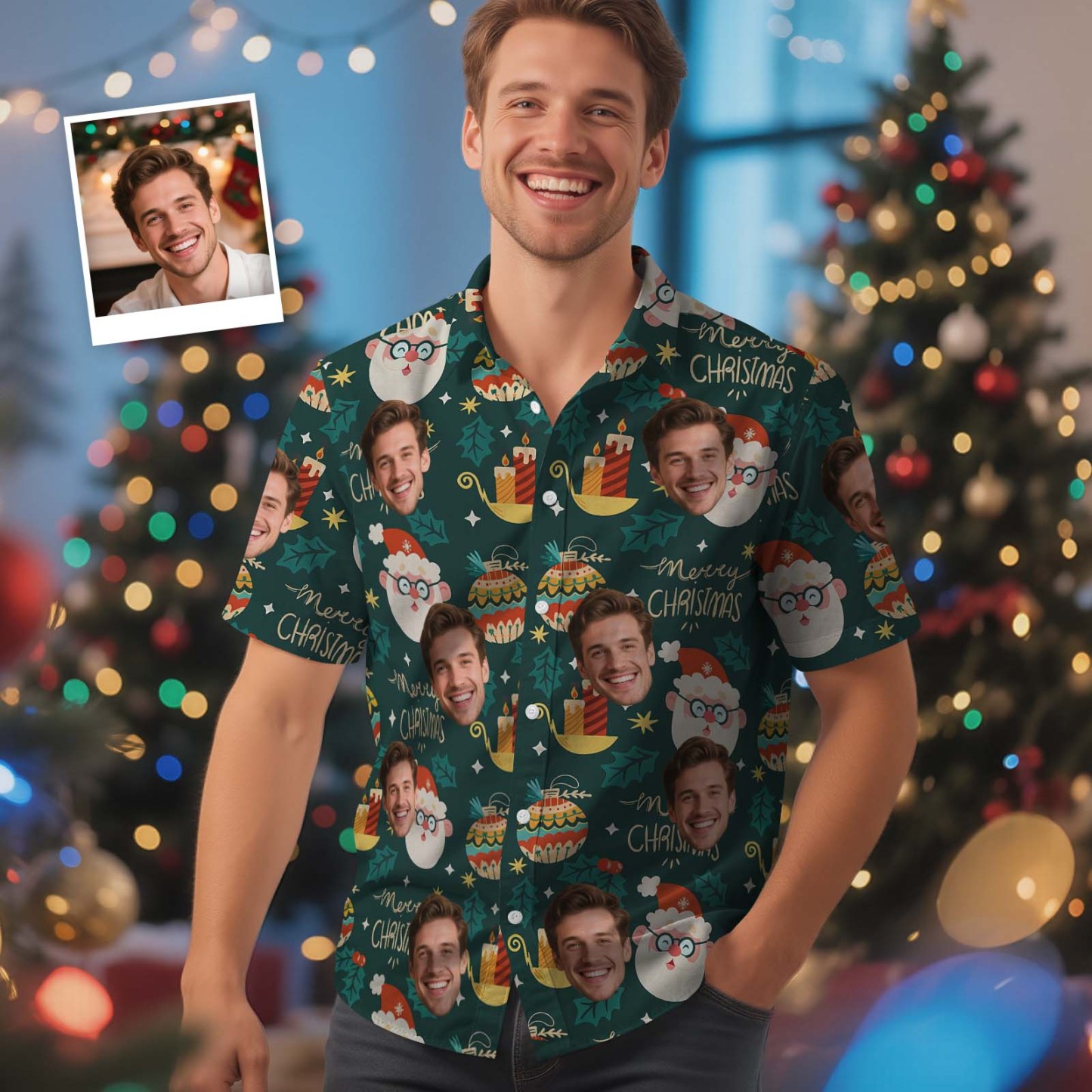Custom Face Christmas Shirt Green Santa Claus Christmas Hawaiian Shirt Xmas Gift for Family Friends Personalized Face Hawaiian Shirt Gift - MyFaceSocksUK