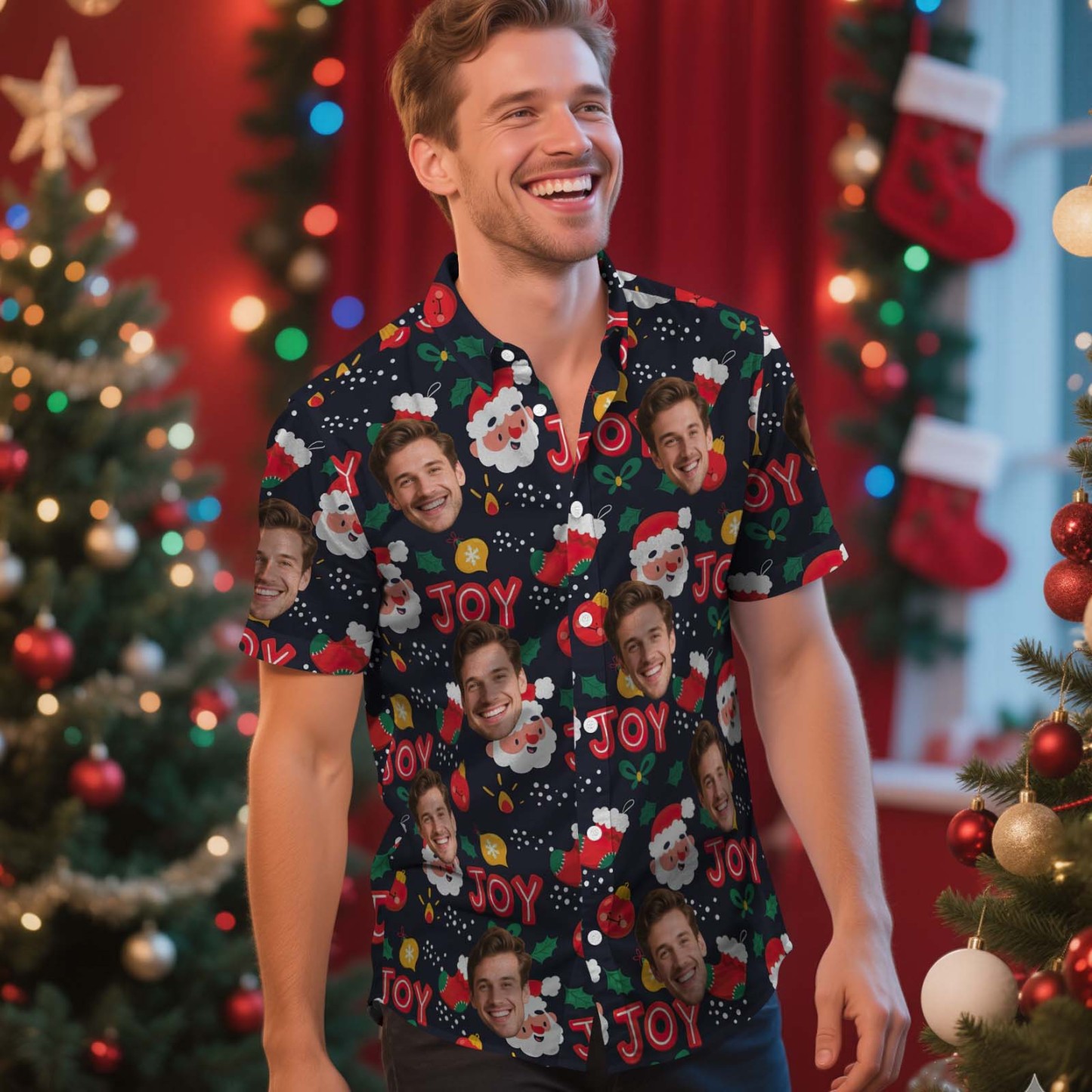 Custom Face Christmas Shirt Green Santa Claus Christmas Hawaiian Shirt Xmas Gift for Family Friends Personalized Face Hawaiian Shirt Gift - MyFaceSocksUK