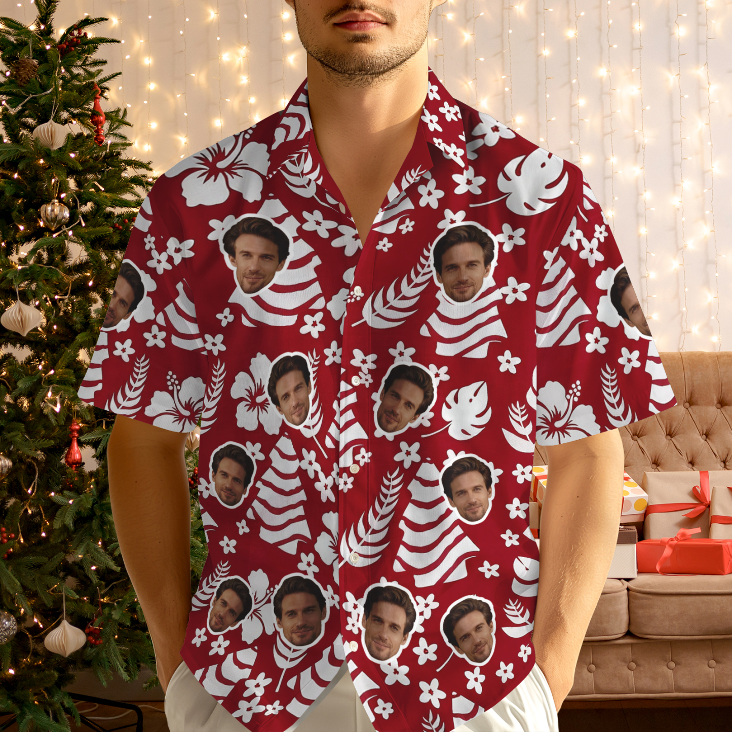 Custom Face Green Tree Hawaiian Shirt Personalized Men Hawaiian Shirt With Face Photo Hawaiian Shirt Aloha Shirt Christmas Gift - MyFaceSocksUK