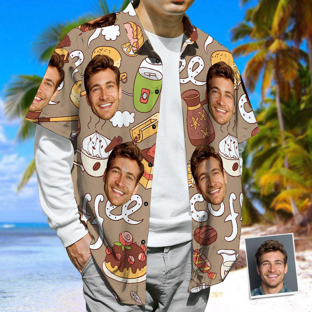 Personalized Face Hawaiian Shirt, Coffee & Cake &Honey Casual Tropical Button-Down Shirt