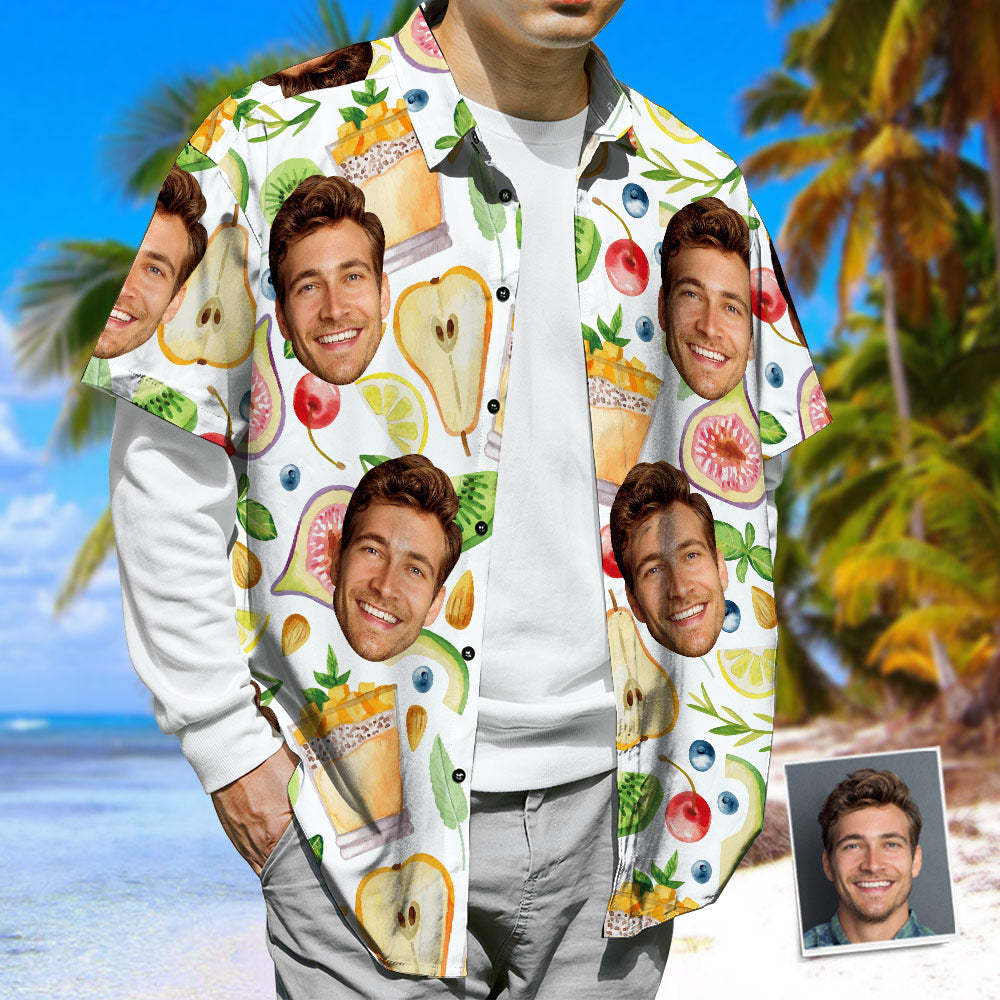 Personalized 3D Print Face Hawaiian Shirt, Fruits & Juice Funky Button-Down Shirt