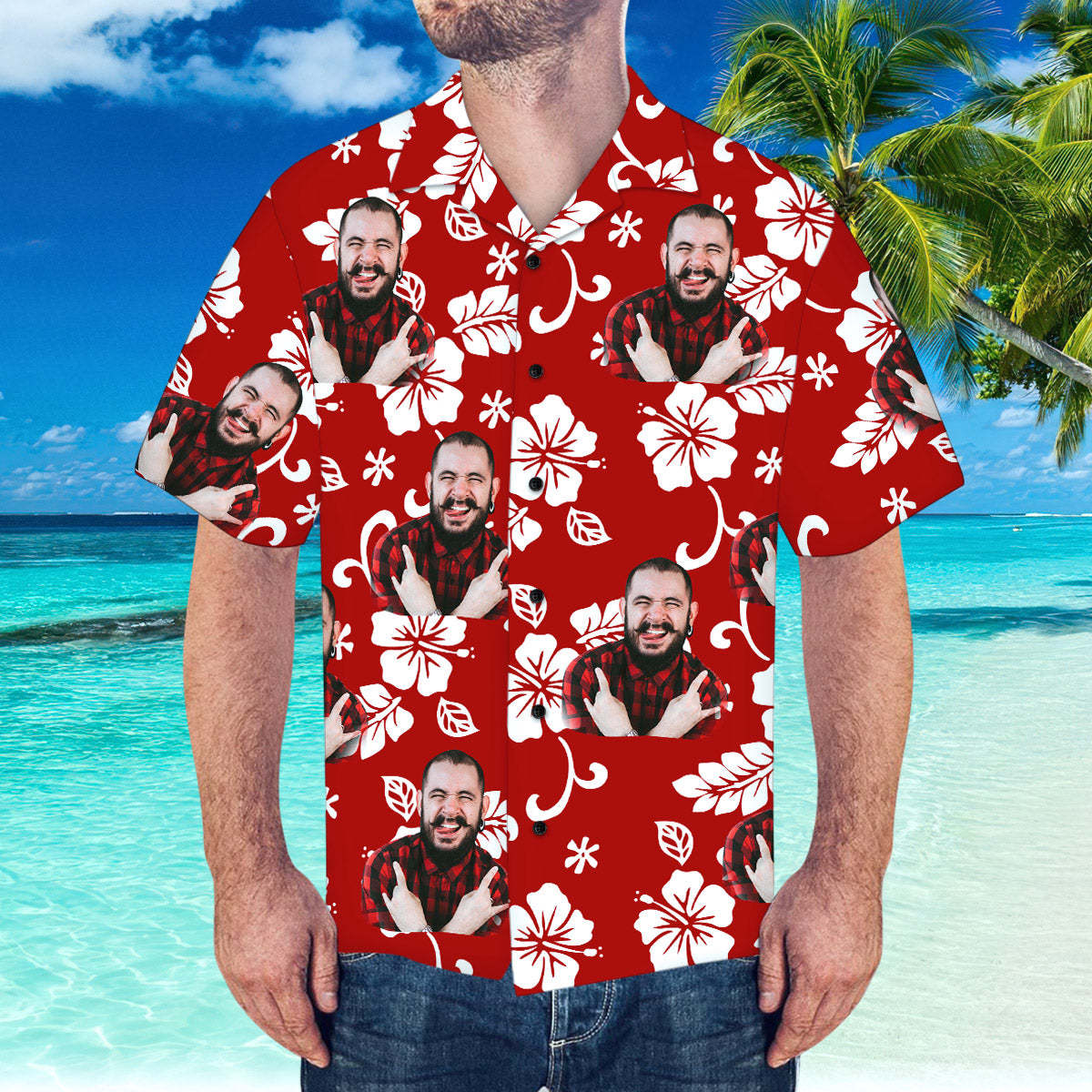Custom Hawaiian Shirt with Husband Face Personalised Short-Sleeve Hawaiian Shirt - MyFaceSocksUK