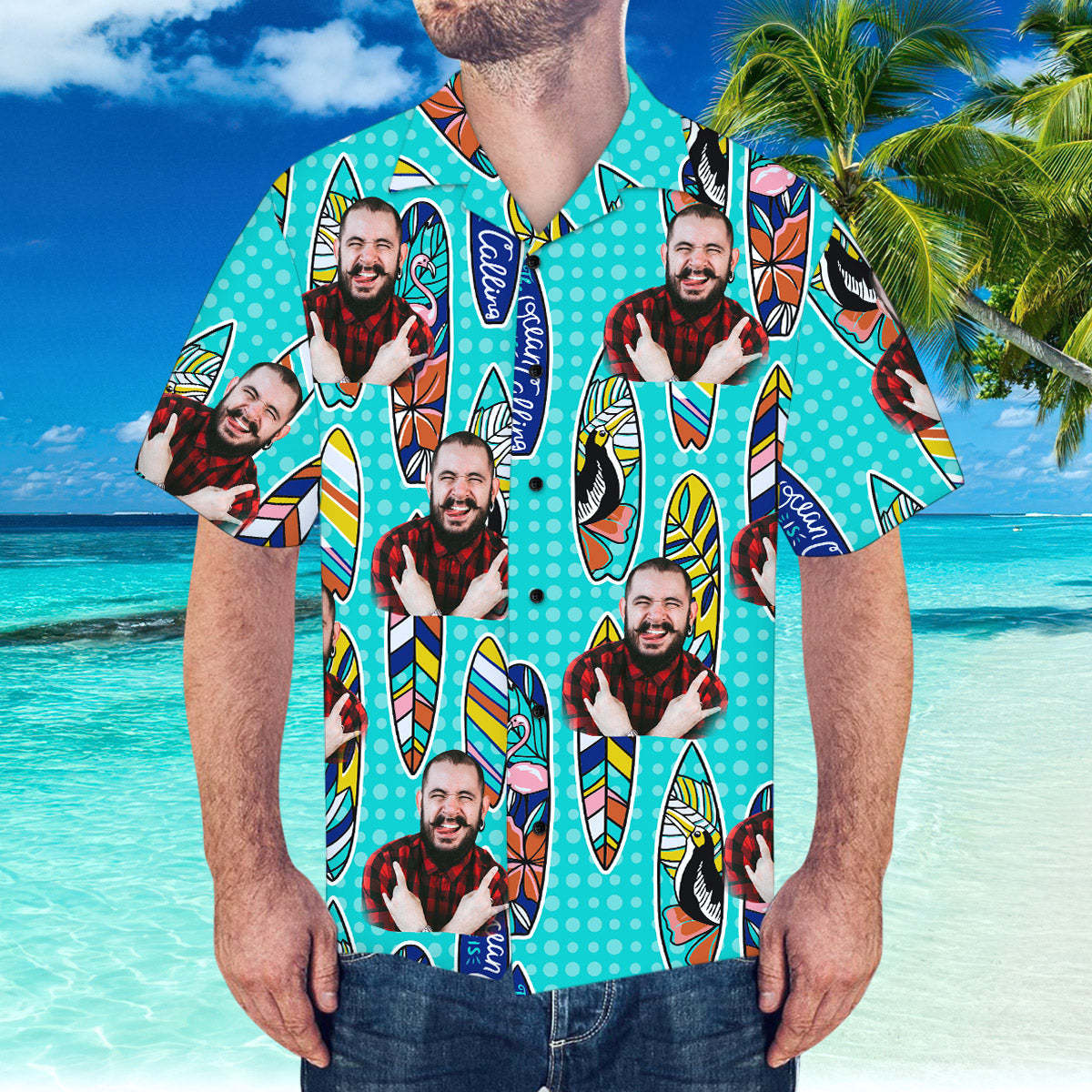 Custom Hawaiian Shirt with Boyfriend Face Surfing Pattern Short-Sleeve Hawaiian Shirt - MyFaceSocksUK